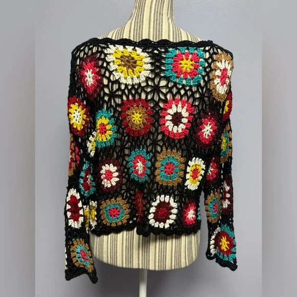 Wild Honey oversized bell sleeve Multicolor Crochet Knit cropped Sweater S - Picture 5 of 14